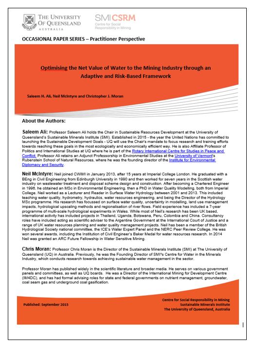 Optimising the net value of water to the mining industry through an adaptive and risk-based framework