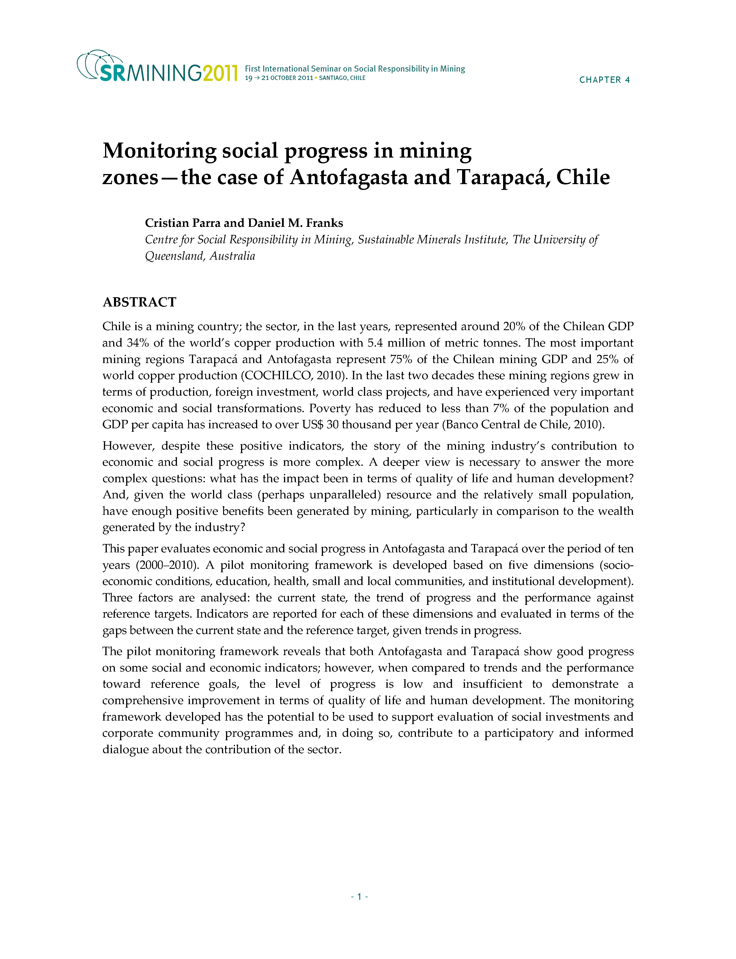 Monitoring social progress in mining zones