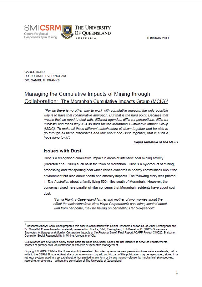 Managing the cumulative impacts of mining through collaboration: The Moranbah Cumulative Impacts Group (MCIG)