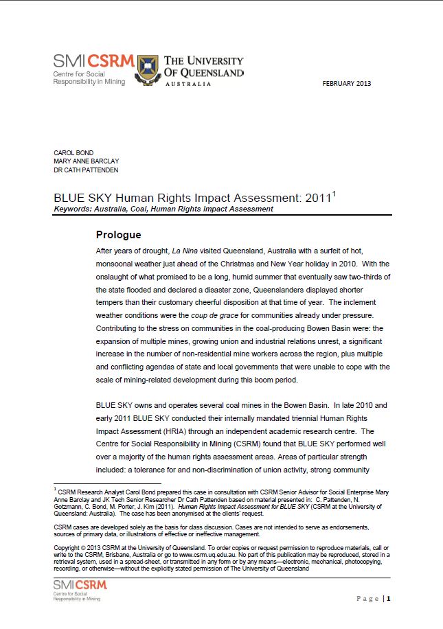 Blue sky human rights impact assessment: 2011