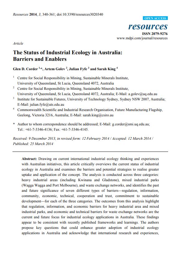 The status of industrial ecology in Australia: barriers and enablers