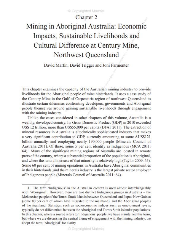 Mining in Aboriginal Australia: economic impacts, sustainable livelihoods and cultural difference at Century Mine, Northwest Queensland